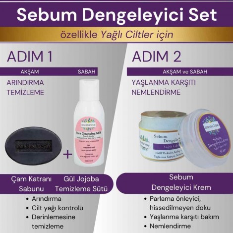 Sebum Dengeleyici Set 3'lü - Yağlı Ciltler (Çam Katranı Sabunu + Gül Jojoba Temizleme Sütü + Sebum Dengeleyici Krem)